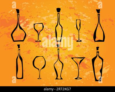 Abstract picture of wine bottles and wine glasses on orange background Stock Vector