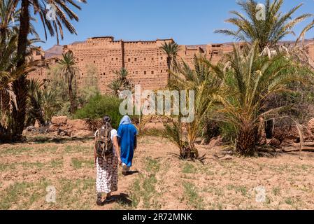 Farmland in front of the scenic berber village Tamenougalt in the Draa valley, a tourist being led by a berber to the village, Morocco Stock Photo