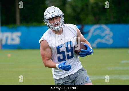 Detroit Lions linebacker Trevor Nowaske (59) breaks up a pass intended for  Carolina Panthers tight end Ian Thomas (80) during a preseason NFL football  game Friday, Aug. 25, 2023, in Charlotte, N.C. (