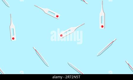 Seamless pattern texture of endless repetitive medical digital modern electronic mercury glass thermometers for measuring body temperature on a blue b Stock Vector