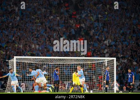 Piraeus, Greece. 16 August, 2023: Cole Palmer of Manchester City celebrates  after scoring with Rodri of Manchester City during the UEFA Super Cup 2023  match between Manchester City FC and Sevilla FC