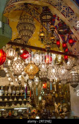 Traditional colorful decorative Turkish oriental lamps for sale in at a souvenir shop Stock Photo
