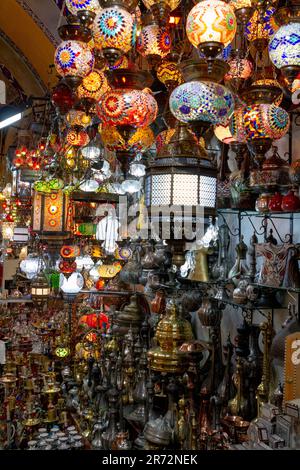 traditional handmade turkish lamps in souvenir shop Stock Photo