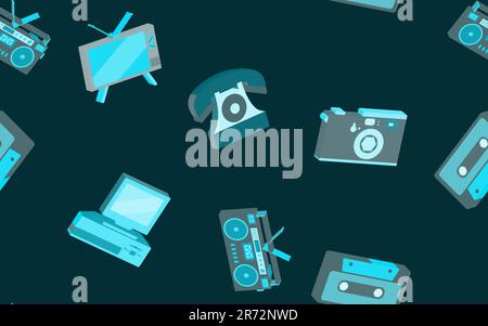 Texture seamless pattern from old vintage retro hipster stylish electronics appliances to home appliances 70s, 80s, 90s. The background. Vector illust Stock Vector