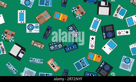 Seamless pattern endless with tech electronics equipment old retro vintage hipster from 70s, 80s, 90s isolated on green background. Vector illustratio Stock Vector