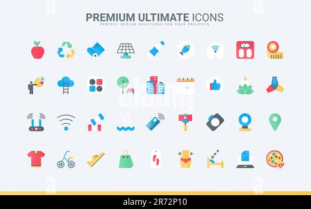 Symbols for fitness and yoga calendar, social media and vlog mobile apps, shopping and payment with credit card, wireless router. Modern lifestyle trendy flat icons set vector illustration Stock Vector