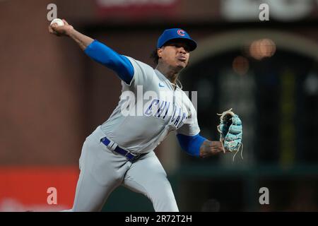 Chicago Cubs pitcher Marcus Stroman (0) pitches against the San Francisco  Giants during a MLB spring training baseball game, Saturday, Mar 19, 2022,  in Scottsdale, Ariz. (Chris Bernacchi/Image of Sport/Sipa USA Stock