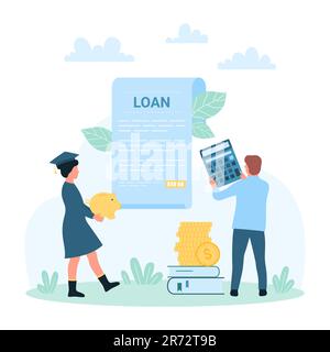 Education and scholarship on loan vector illustration. Cartoon tiny people with calculator, money and graduation cap calculate financial expenses and tuition cost for students, invest in knowledge Stock Vector