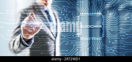 Block Chain concept . Distributed ledger technology. Businessman clicking on virtual screen Block Chain Stock Photo
