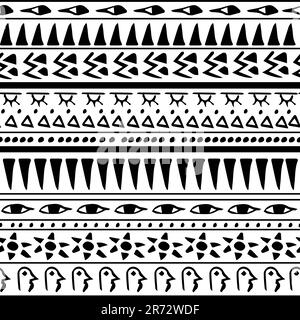Aztec ethnic vector seamless pattern black-white color Egyptian hieroglyphs Geometric repeat background Stock Vector