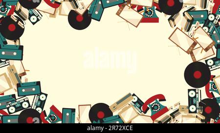 Abstract frame from old vintage retro electronics technology from TV sets, cassette tape recorders, vinyl records, computers, game consoles, phones fr Stock Vector