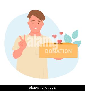 Volunteer holding donation box to donate hearts Charity campaign concept. Cartoon man showing support and assistance flat vector illustration. Stock Vector