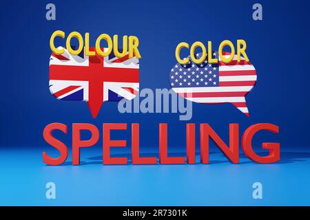 Rectangular and elliptical speech bubbles come out from the alphabets SPELLING and there are UK and US spellings of the word Color Stock Photo
