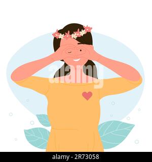 Cartoon woman with traditional wreath of flowers on head with heart showing gesture of love flat vector illustration Stock Vector