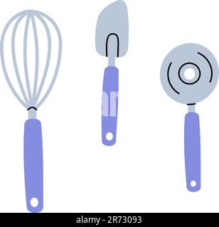Kitchen utensils. Cooking whisk, confectionery spatula, wheel pizza cutter. Vector illustration. Stock Vector
