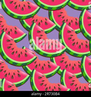 Watermelon slice seamless pattern on very peri background for wrapping paper or textile. Hand drawn watermelon slice. Vector illustration. Vintage ill Stock Vector