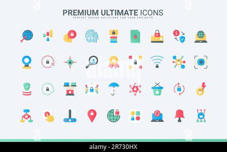 Cybersecurity system and hosting on server, data update and protection with shield, accepted secure wireless connection and global GPS. Online security trendy flat icons set vector illustration Stock Vector