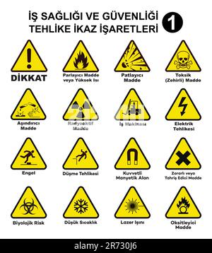 Occupational Health and Safety Hazard Warning Signs Vector Set 1. Translate: Is Sagligi ve Guvenligi Tehlike Ikaz Isaretleri Vektör Set 1 (Turkce). Stock Vector