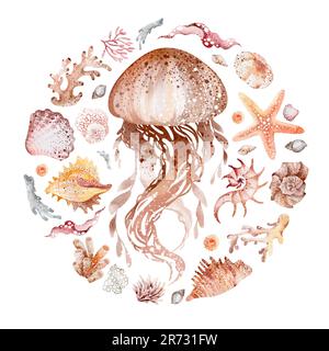 Watercolor illustrations of marine animals octopus, seahorse, crab, starfish, jellyfish. Sea life in a round illustration. Design postcard, sticker, s Stock Photo