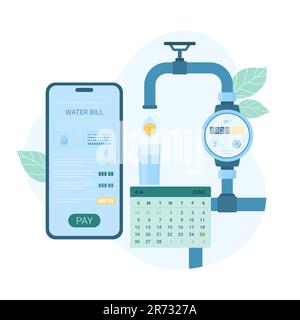 Paying of water supply bill vector illustration. Cartoon phone with mobile app to pay money for consumption, water drop falling from tap with gauge meter and calendar with monthly payment date Stock Vector