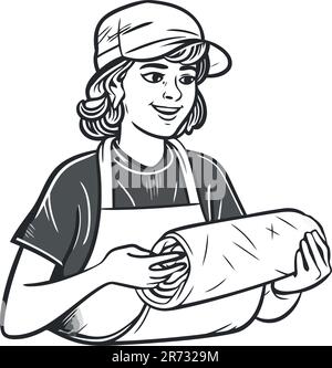 Chef smiling, holding apron, standing in kitchen Stock Vector