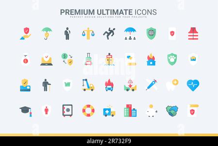 Global financial protection shield for health, real estate and business, marriage contract and education agreement, healthcare. Insurance trendy flat icons set vector illustration Stock Vector