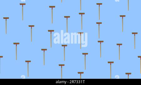 Texture, seamless abstract pattern of wooden construction mops, brushes with a wooden handle for repair, cleaning on a blue background. Vector illustr Stock Vector