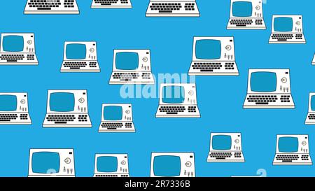 Seamless pattern endless computer with old retro computers, vintage white hipster pc from 70s, 80s, 90s isolated on blue background. Vector illustrati Stock Vector