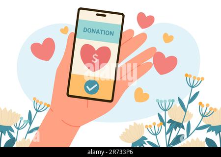 People hand holding phone with donation mobile app. Person holding smartphone to donate money support, solidarity concept vector illustration Stock Vector