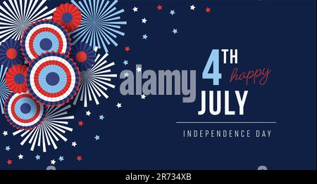 Happy Independence day, 4th July national holiday. Festive greeting card, invitation. Fireworks, party bunting decorations. USA flag colors. Blue Stock Vector