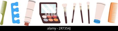Set of makeup tools. Beauty tools silhouette. Comb, fingers separators, face cream, color palette, makeup brushes. Vector illustration. Stock Vector