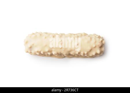 Chocolate bar in white chocolate with crispy wafers and caramel isolated on white background top view. Stock Photo