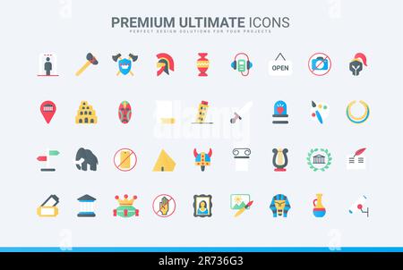 Artwork exhibits of art and history gallery, exhibition with antique artifacts and culture heritage collection for visitors, school excursion. Museum trendy flat icons set vector illustration Stock Vector