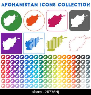 Afghanistan icons collection. Bright colorful trendy map icons. Modern Afghanistan badge with country map. Vector illustration. Stock Vector