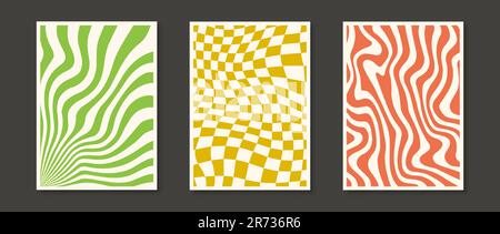 Trippy wavy lines and checkerboard backgrounds set. Psychedelic wavy stripes and distorted curly textures collection. Orange, green and yellow groovy distorted wallpapers. Vector banners and posters Stock Vector