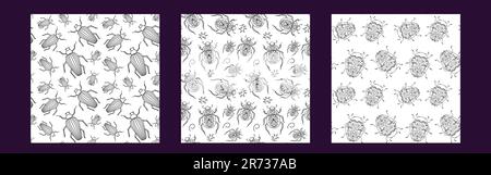 Insects linear set of pattern - vector seamless texture or background with different form bugs in line style. Vector illustration isoleted on white ba Stock Vector