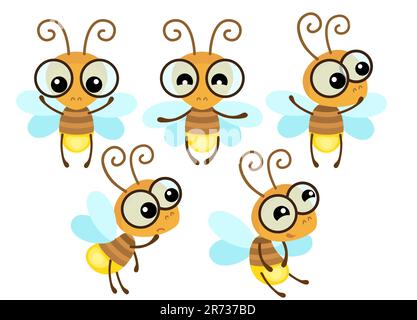 Illustration of a funny firefly in a cartoon style. Vector set of an insects Stock Vector
