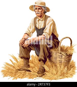 Farm scene with old farmer man and farm animals illustration Stock ...