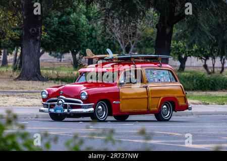 A 1949 Ford woody wagon at the North Modesto Kiwanis American Graffiti Car Show & Festival Stock Photo