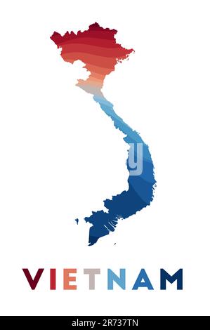 Vietnam map. Map of the country with beautiful geometric waves in red and blue colors. Vivid Vietnam shape. Vector illustration. Stock Vector