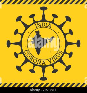 Corona virus in India sign. Round badge with shape of virus and India map. Yellow country epidemy lockdown stamp. Vector illustration. Stock Vector