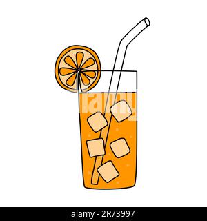 Orange soft drink, juice or summer cocktail with ice cubes in glass, doodle style vector illustration Stock Vector