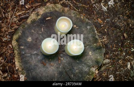 Three lit candles sitting on a tree stump from above Stock Photo
