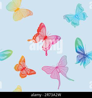 Seamless vector pattern of butterflies in rainbow colors on a light blue background Stock Vector