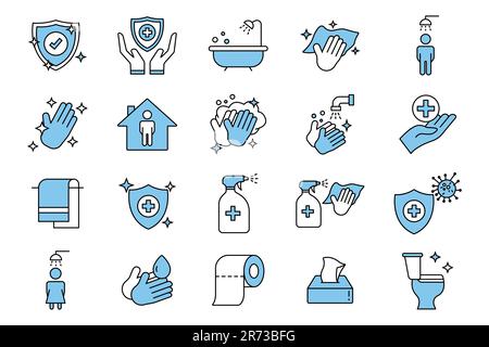 Hygiene icon set. Includes hygiene of hands, disinfection, hand washing, toilet cleaning, Cleanliness concept. Two tone icon style design. Simple vect Stock Vector