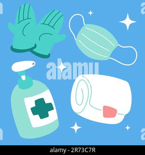 Cute medical sticker set. Hand drawn healthcare cartoon doodle glove mask sanitizer bandage. Bundle of nursery kid graphic print for hospital clinic p Stock Vector