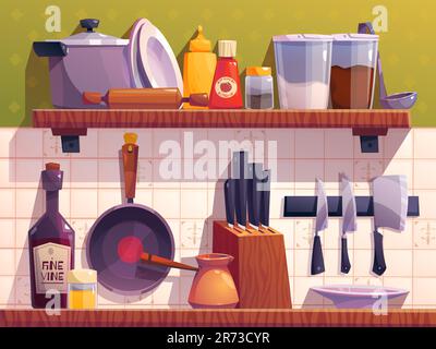 Kitchen shelf with bowl vector interior illustration. Cooking kitchenware home furniture cartoon decoration with tile wall. Tableware arrange with hanging knife. Saucepan and cutlery on shelves Stock Vector