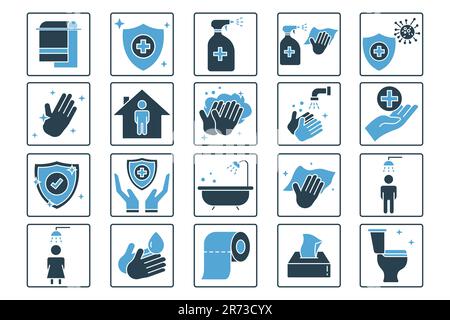 Hygiene icon set. Includes hygiene of hands, disinfection, hand washing, toilet cleaning, Cleanliness concept. Solid icon style design. Simple vector Stock Vector
