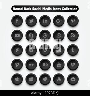 Round Dark Social Media Icons Collection Stock Vector