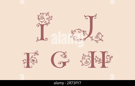 Collection of botanical, initial, letter female logos with rose organic plant elements. Delicate monograms for wedding, boutique Stock Vector